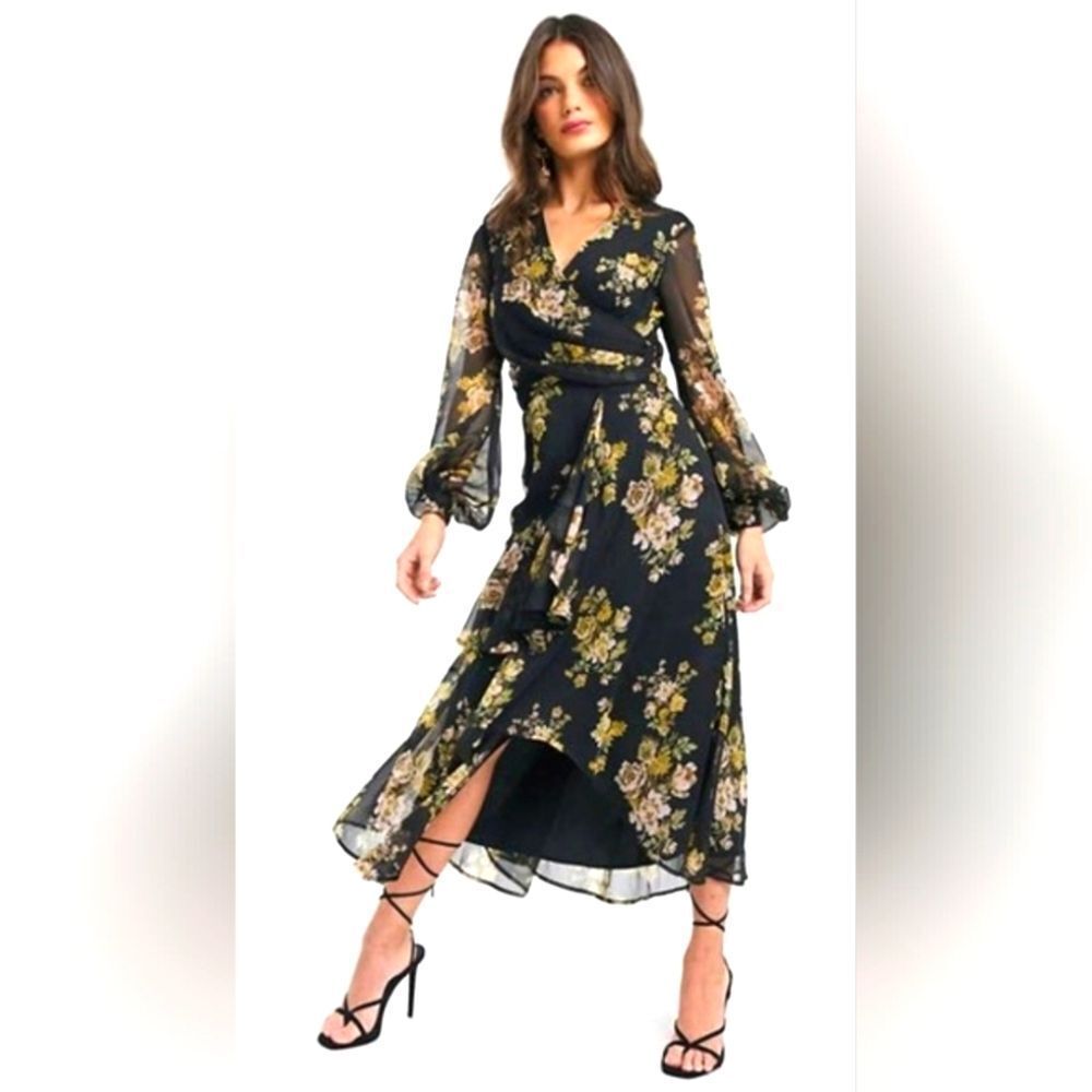 ASOS Design Wrap‎ Waist Floral Midi Dress - Size 22